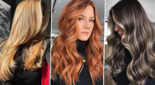 Three side-by-side images of women with diverse hair colors and styles: long blonde layers, wavy red hair, and wavy brown hair with subtle highlights from expertly done hand-tied extensions, all wearing black tops.
